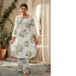 Minimalist Charcoal Bloom Two-Piece Set – Women’s Elegant Floral Tunic & Wide-Leg Trouser Suite